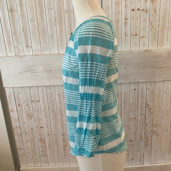 Aqua and white stripe peasant blouse with beaded detailing, Talbots size XS - Picture 2 of 4